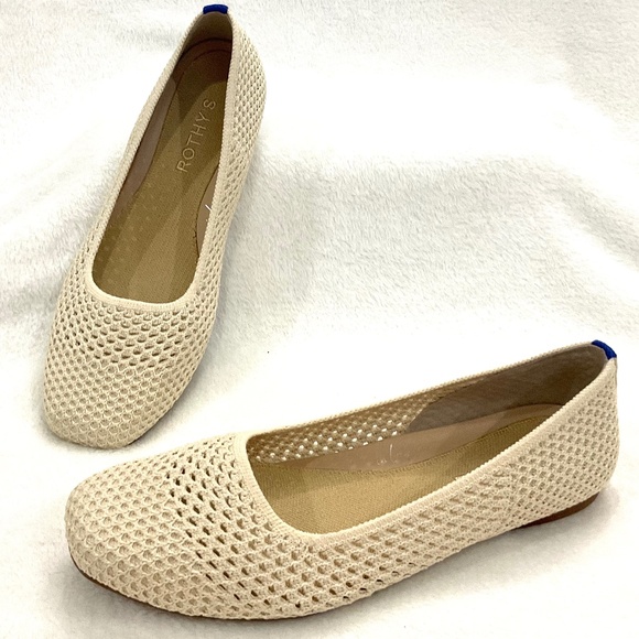 Off White Rothy’s The Max Square Toe Mesh Slip On Ballet Flat Size W8.5 Like New - Picture 1 of 15
